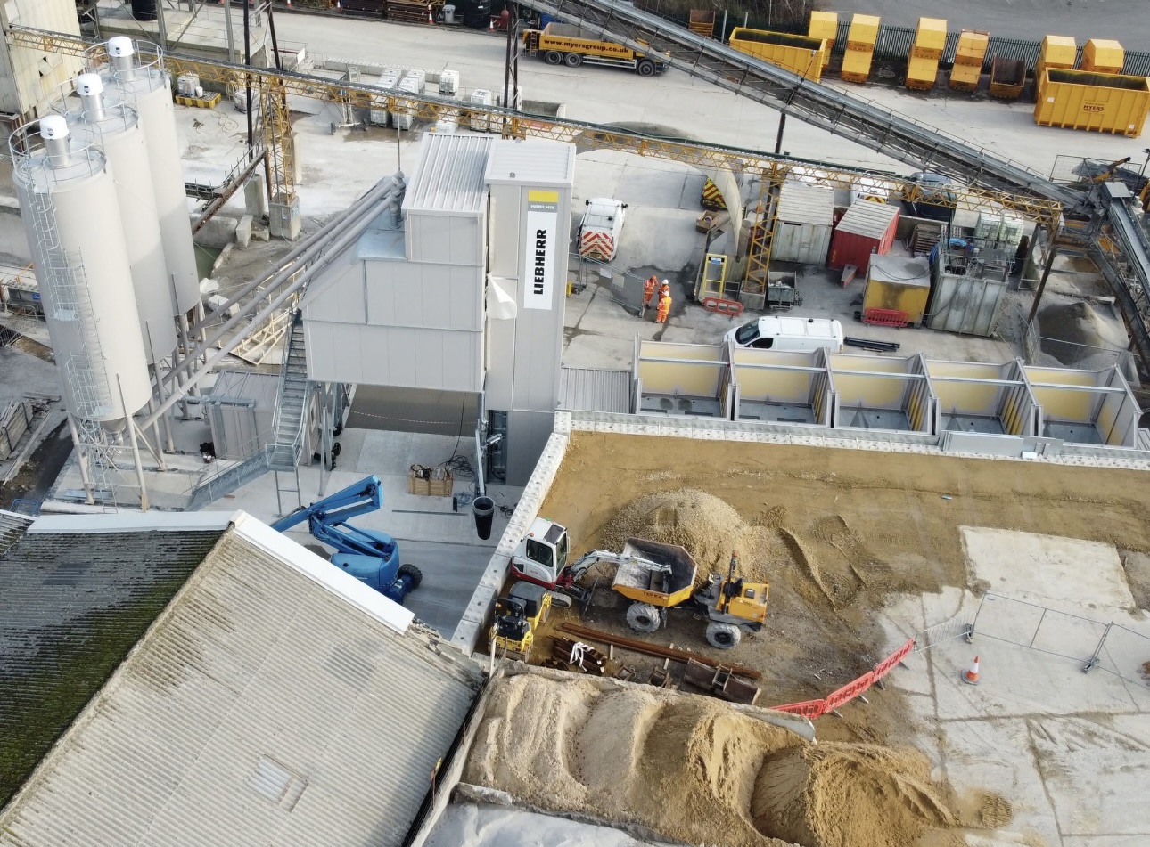 Concrete Batching Plant Aerial View – Myers ReadyMix Huddersfield with Liebherr System Overhead view of Myers ReadyMix Huddersfield concrete batching plant with Liebherr system and groundworks