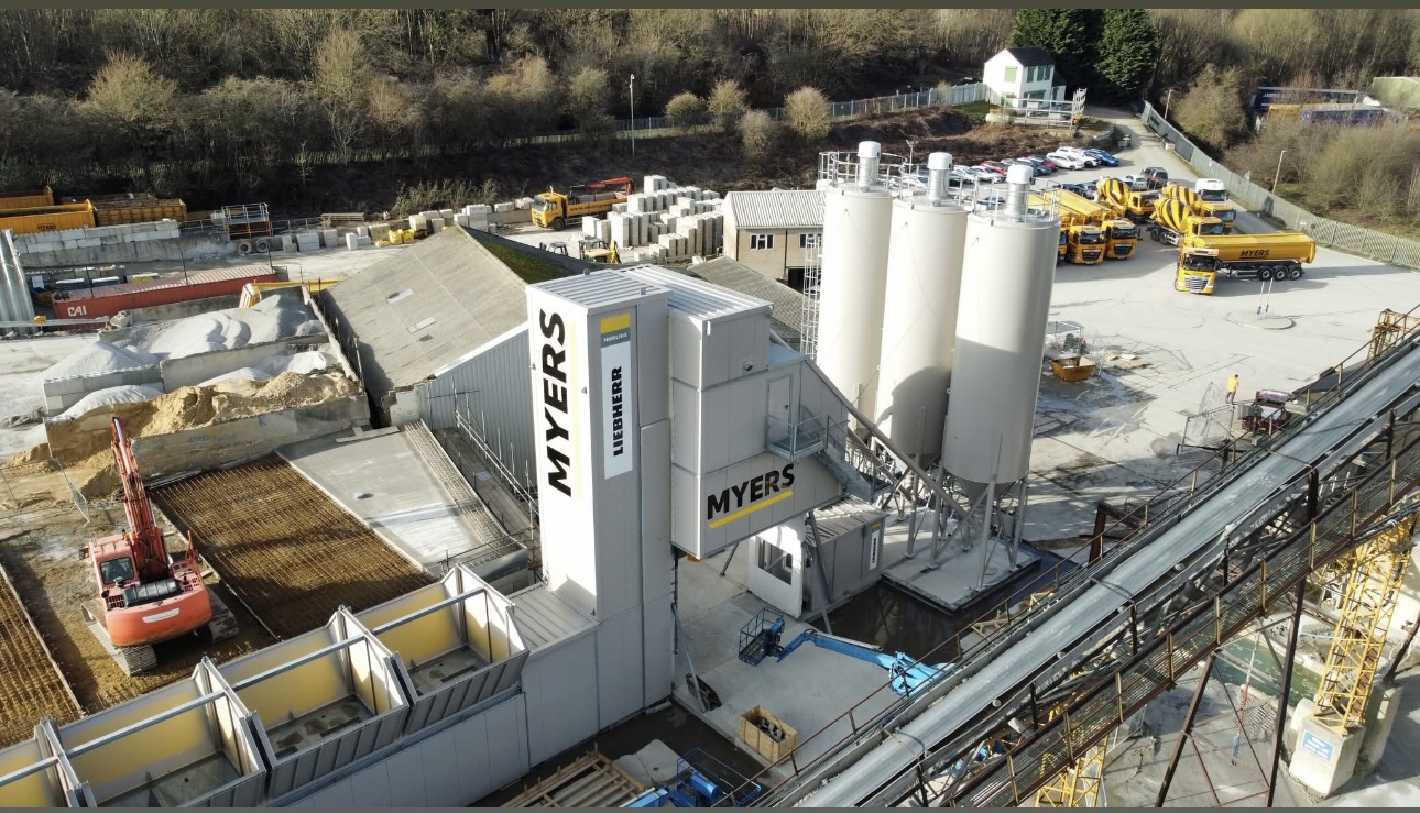 Myers ReadyMix Concrete Plant Huddersfield – Liebherr Batching System Aerial view of Myers ReadyMix concrete batching plant in Huddersfield with Liebherr equipment