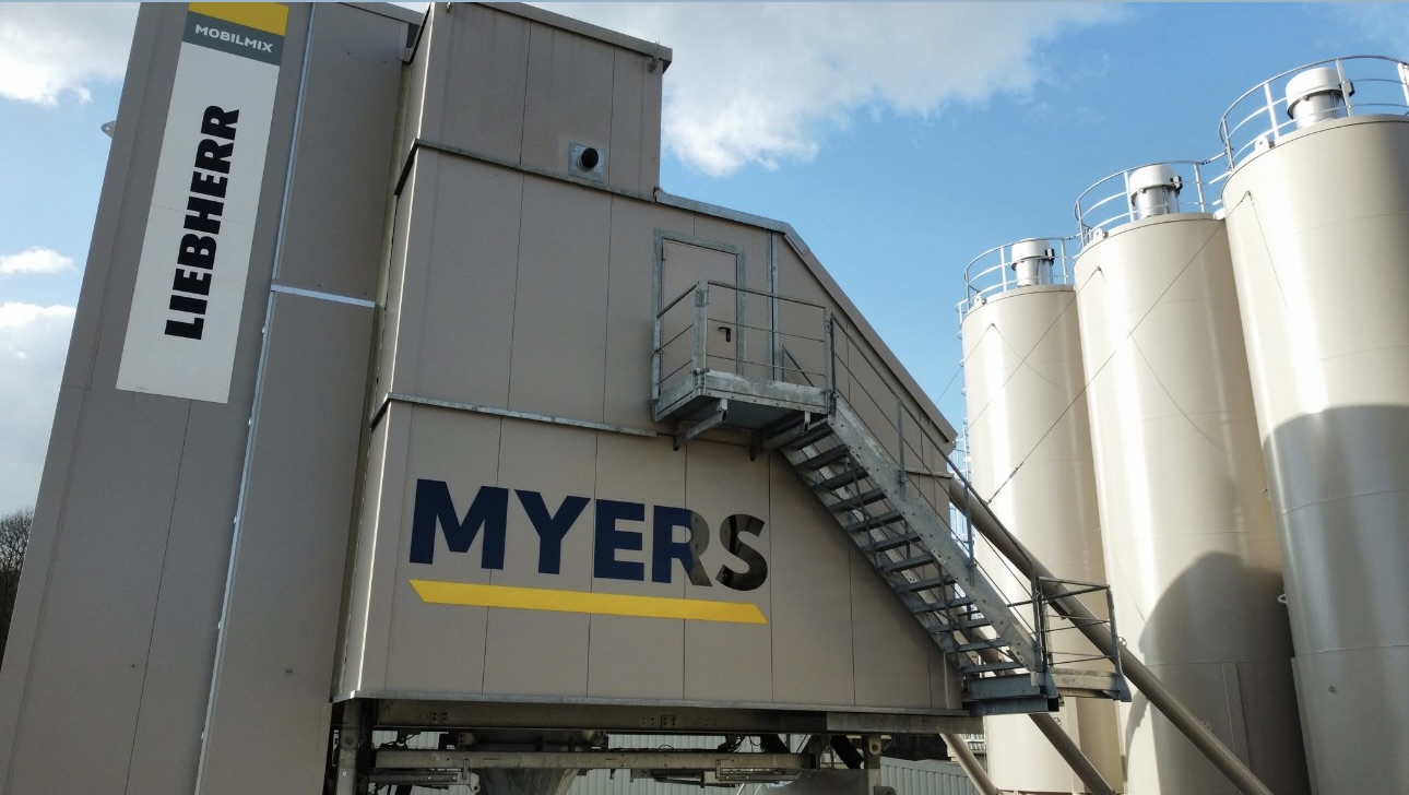 Aerial view of Myers ReadyMix concrete batching plant in Huddersfield with Liebherr equipment