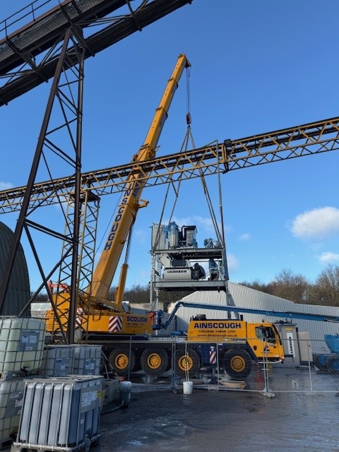 Ainscough Crane Lifting Liebherr Unit – Concrete Plant Huddersfield Ainscough crane lifting Liebherr concrete batching unit at Myers ReadyMix Huddersfield plant
